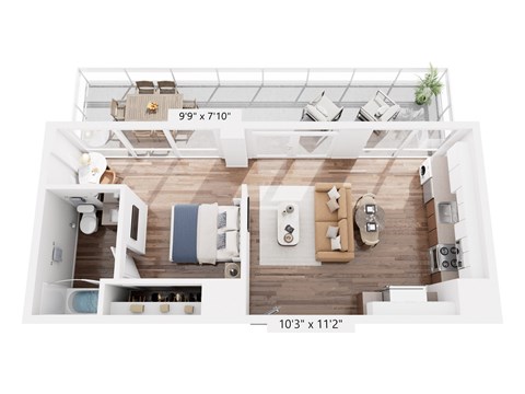 Floor plan for 1 bed, 1 bath, 592 sqft